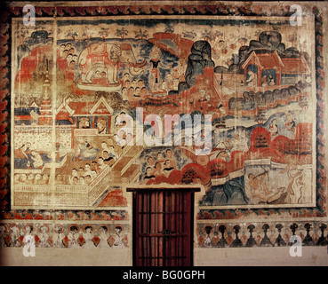 Wandbild von Vessantara Jataka aus dem Ende des 19. Jahrhunderts, Wat Buak Krok Luang, Chiang Mai, Thailand, Asien Stockfoto