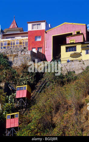 Ascensor Espiritu Santo Cerro Bellavista mit dem Plan beitreten. Valparaiso. Chile. Stockfoto