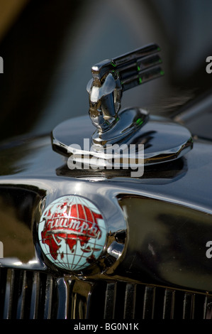 Kühlerdeckel und das Typenschild auf klassischen Triumph Ruf Auto Stockfoto
