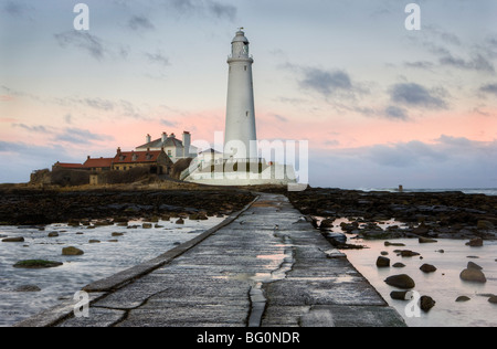 Blick entlang der Gezeiten Damm zur Insel St. Marien und St. Marien Leuchtturm in der Abenddämmerung, Tyne and Wear, England, Vereinigtes Königreich Stockfoto