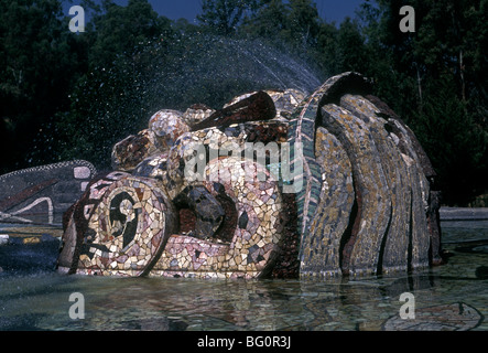 Tlaloc, regen Gott, Skulpturen, Springbrunnen, Mosaikfliesen, von Diego Rivera, Diego Rivera, Chapultepec Park, Mexico City, Distrito Federal, Mexiko Stockfoto