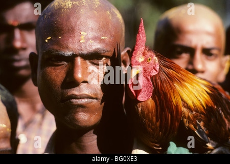 Ein Pilger-Anhänger tragen ein Huhn auf dem jährlichen hinduistische Thaipusam Festival in Palani im südlichen indischen Bundesstaat Tamil Nadu Stockfoto