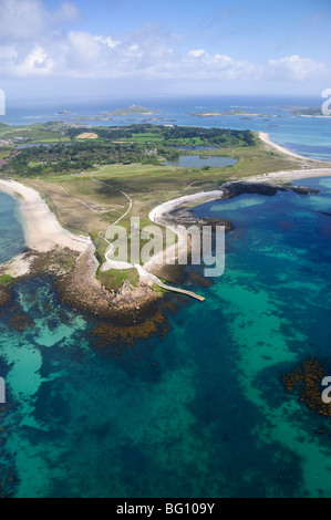 Luftaufnahme von Tresco, Isles of Scilly, Cornwall, Vereinigtes Königreich, Europa Stockfoto