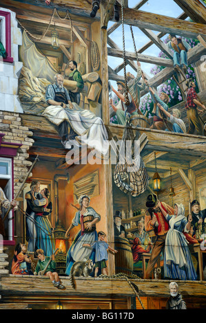 Detaillierte des Petit Champlain Fresko, entworfen von Murale Création, Altstadt von Quebec City, Kanada Stockfoto