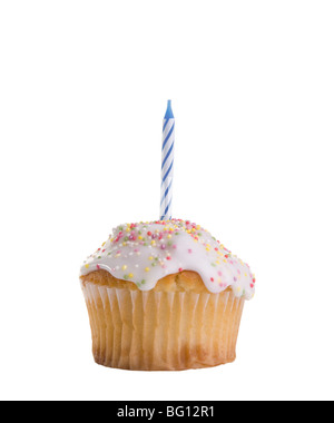 Cupcake mit einem blauen Geburtstag oder Jahrestag Kerze in it. Stockfoto