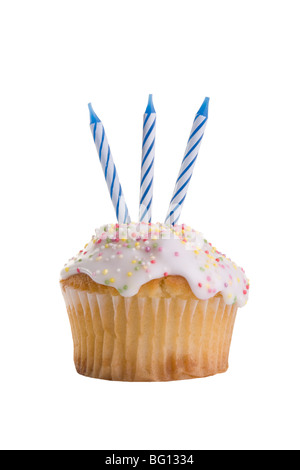 Cupcake mit drei Geburtstag oder Jahrestag Kerzen. Stockfoto