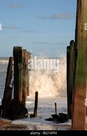 Wellen brechen an der Seite der Buhne bei Happisburgh, Norfolk, Großbritannien. Stockfoto