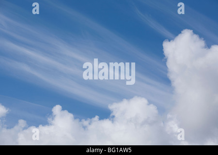 Cumulus Cirrus-Wolken vor blauem Himmel. Stockfoto