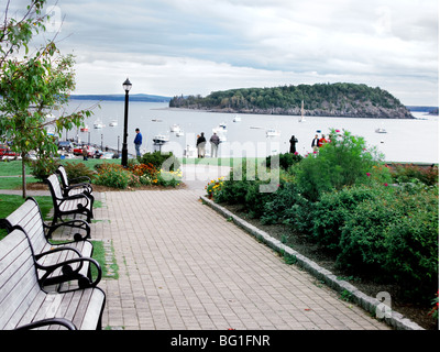 Vom Grant Park in Bar Harbor, Maine, USA, bietet sich ein Blick auf die Frenchman's Bay und die Porcupine Island. Stockfoto