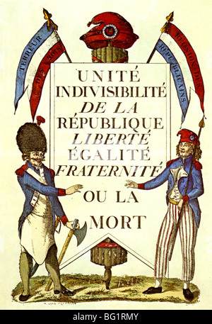 FRANZÖSISCHE REVOLUTION 1789-Poster, die Lobeshymnen der Einheit zwischen den Menschen und die Armee - Freiheit, Gleichheit, Brüderlichkeit oder Tod Stockfoto