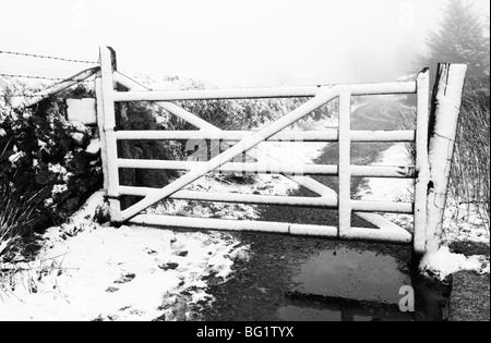 Fünf Holzbar Tor in Schnee bedeckt, Dartmoor, Devon UK Stockfoto