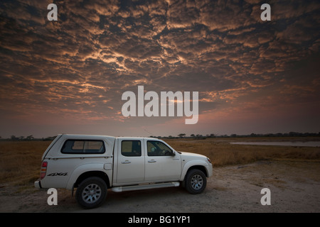 Safari-Fahrzeug gegen den Sonnenaufgang erschossen. Das Foto wurde im Hwange-Nationalpark Simbabwes. Stockfoto