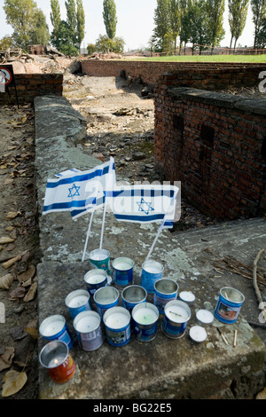 Memorial Kerzen / Fahnen: Mahnwache in Ruinen der Gaskammern in Birkenau (Auschwitz II - Birkenau) NS-Vernichtungslager. Oswiecim, Polen Stockfoto