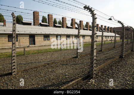 Perimeter Elektrozaun an Auschwitz Nazi-Vernichtungslager in Oswiecim, Polen. Schornsteine aus der Küchenblock sind hinter sichtbar. Stockfoto