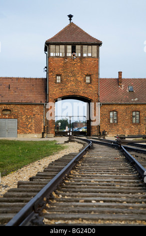 Eisenbahnlinien führen im Inneren vom Haupteingang in Birkenau (Auschwitz II - Birkenau) Nazi-Vernichtungslager in Oswiecim, Polen. Stockfoto