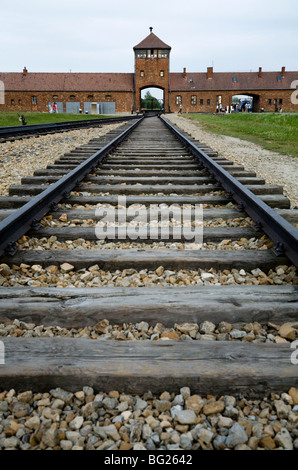 Eisenbahnlinien führen im Inneren vom Haupteingang in Birkenau (Auschwitz II - Birkenau) Nazi-Vernichtungslager in Oswiecim, Polen. Stockfoto