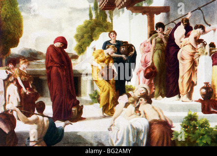 Andromache (im roten Kleid) wird angezeigt, nachdem die Griechen die Trojaner im Trojanischen Krieg besiegte und sie wird durch Neoptolemos gebracht. Stockfoto