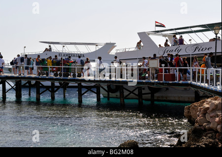 Taucher Line-up an Bord Tauchen Boote "Sharks Bay", Sharm El Sheikh, Ägypten Stockfoto
