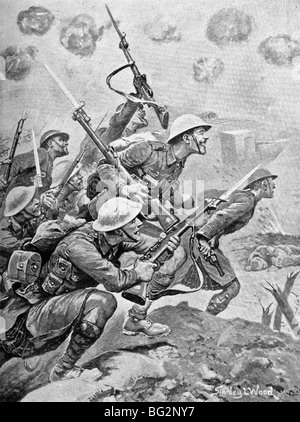 Zeitgenössische WW1 Illustration der schottischen Truppen gehen "over the Top" feindliche Linien in Frankreich im Jahre 1917 anzugreifen. Stockfoto