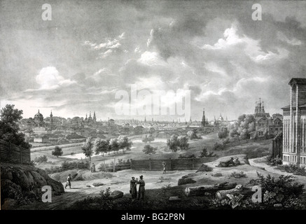 Blick auf die Landschaft entlang des Flusses "Yaousa" mit der Stadt Moskau in der Ferne. ca. 1835 Stockfoto