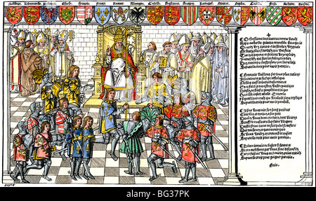 Papst Urban II. ruft den Ersten Kreuzzug auf dem Konzil von Clermont, 1095. Hand - farbige Holzschnitt Stockfoto
