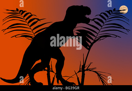 Natürlich zeigt mit Hilfe eines Modells dieses Bild ein Tyrannosaurus Rex mit den Feuern von Aussterben Anfang im Hintergrund. Stockfoto