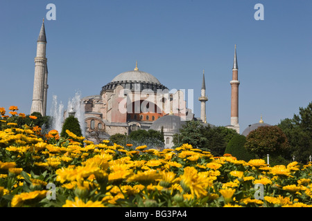 Hagha Sophia mit Blumen im Vordergrund, UNESCO-Weltkulturerbe, Sultanahmet-Platz, Istanbul, Türkei, Europa Stockfoto