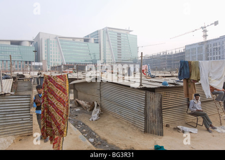 Bauarbeiter Slum, TechCenter 50km von Delhi in Gurgaon, Haryana Zustand, Indien, Asien Stockfoto