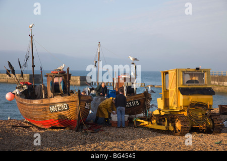 England, East Sussex, Hastings, Stade, Shore Based Fischerboot und Traktor am Strand Stockfoto