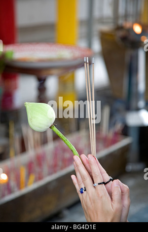 Thai Frau beten mit Lotusblüte und Weihrauch steckt in ihren Händen. Wat Chana Songkhram. Bangkok. Thailand Stockfoto