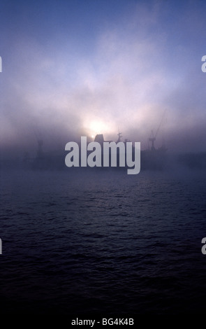 2. Dezember 2009 - Kreuzfahrtschiff, die Saga Ruby in Nebel eingehüllt, während für die Wartung bei Blohm & Voss im Hamburger deutschen Hafen angedockt. Stockfoto