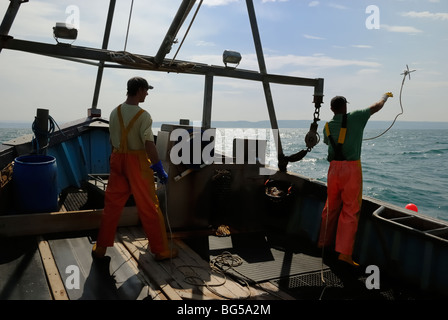 Hummer Fischer werfen einen Schöpfeimer, eine Reihe von Töpfen, Cardigan Bay, Wales abzurufen. Stockfoto