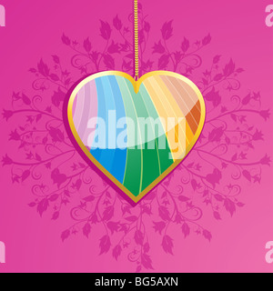 Valentine Hintergrund mit glänzenden Regenbogen farbige Valentine Herzanhänger und Goldkette auf einem rosa Blumen Hintergrund Stockfoto
