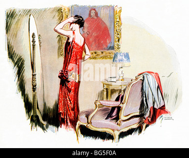 Girl In A Gossamer Kleid, 1925-Mode-Illustration einer Dame in ihrem Boudoir putzen sich bereit, die Welt zu begegnen Stockfoto