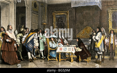 Moliere beim Frühstück mit Louis XIV im Schloß Versailles. Handcolorierte photogravure einer Abbildung Stockfoto
