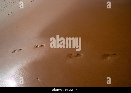 Fußspuren im nassen Sand, Lossiemouth, Schottland Stockfoto