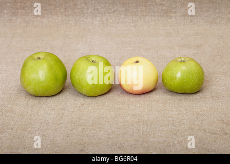 Vier reife Äpfel gegen eine grobe Stoffe Stockfoto