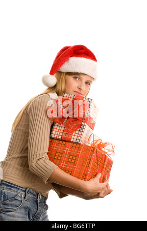 Porträt von ziemlich junges Mädchen hält Haufen von Geschenken isoliert auf weißem Hintergrund Stockfoto