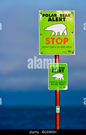 Eisbär alarmieren Zeichen entlang der Küste der Hudson Bay in der Stadt Churchill, Manitoba, Kanada. Stockfoto