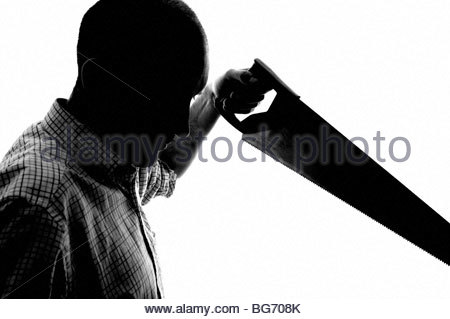 Silhouette Mann mit Säge Stockfoto