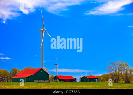 Windmühlen und Scheunen auf der Bruce-Halbinsel, Ontario, Kanada. Stockfoto