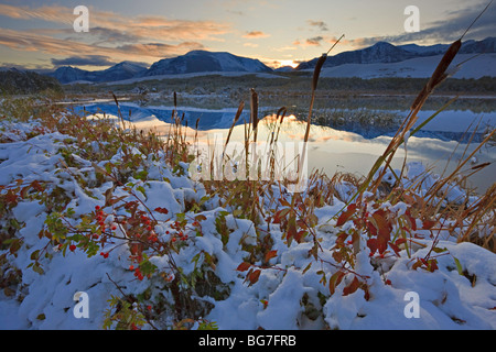 Sonnenuntergang über einem kleinen Teich, gesäumt von Gräsern und Schilf mit Berg Reflexionen nach der erste Schnee des Winters, Waterton Lak Stockfoto