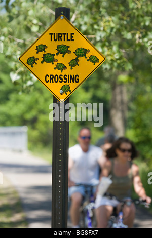 Turtle Kreuzung unterzeichnen. Warnung. Presque Isle State Park. Radfahrer vorbei. Erie, Pennsylvania, USA. Stockfoto