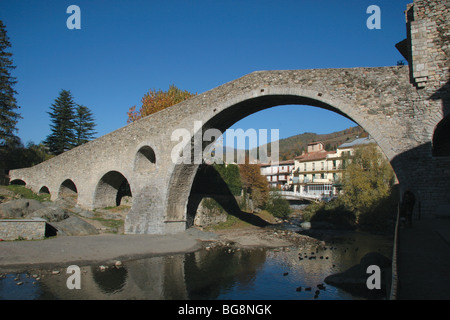 Camprodon. Blick auf die neue Brücke (Pont Nou) am Fluss ter Catalonia. Spanien. Stockfoto