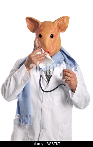 Schweinegrippe-Metapher zeigt einen Arzt mit Schweinekopf isoliert auf weiss Stockfoto
