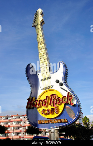 Hard Rock Cafe Gitarre Zeichen, Avenida Alfereces Provisionales, Playa del Ingles, Gran Canaria, Kanarische Inseln, Spanien Stockfoto