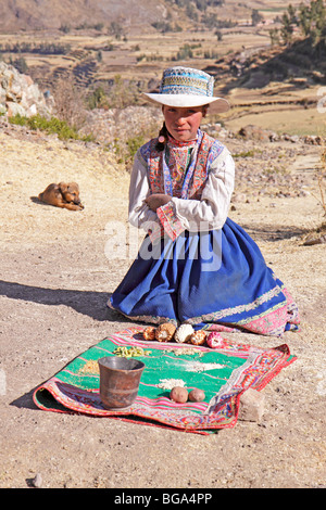 junges Mädchen Verkauf von Mais und Kartoffeln am Wegrand in der Nähe von Coporaque in der Nähe von Chivay, Arequipa Bezirk, Peru, Anden, Südamerika Stockfoto