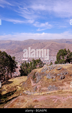 Panoramablick von Cuzco aus der Inka-Ruinen von Kenko, Anden, Peru, Südamerika Stockfoto