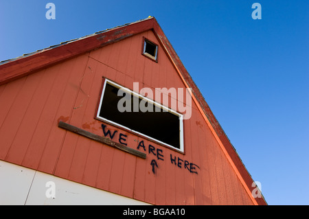 Graffiti an einem verlassenen Gebäude in der Geisterstadt zwei Geschütze, Arizona. Stockfoto