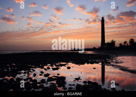 Sonnenuntergang vom Leuchtturm von Maspalomas auf Gran Canaria auf den Kanarischen Inseln. Stockfoto